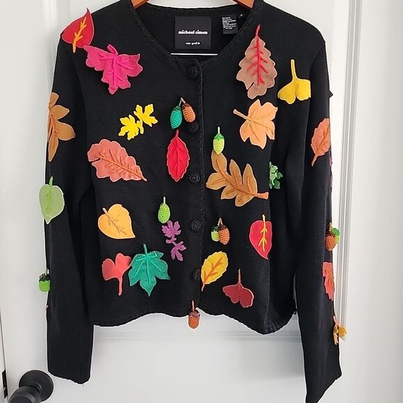 Michael Simon Sweater Cardigan Fall Leaves Crochet Acorns Beads Autumn Black M - Picture 1 of 10